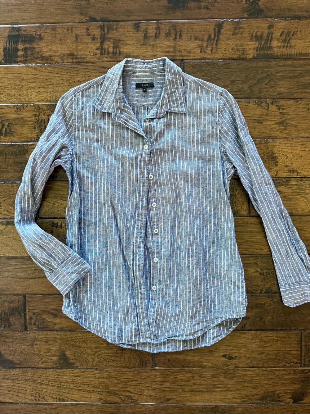 Quince Womens Blue Stripe Linen Button-Up Shirt